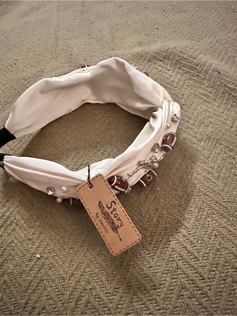 White Beaded Cream Headband with Football Charms